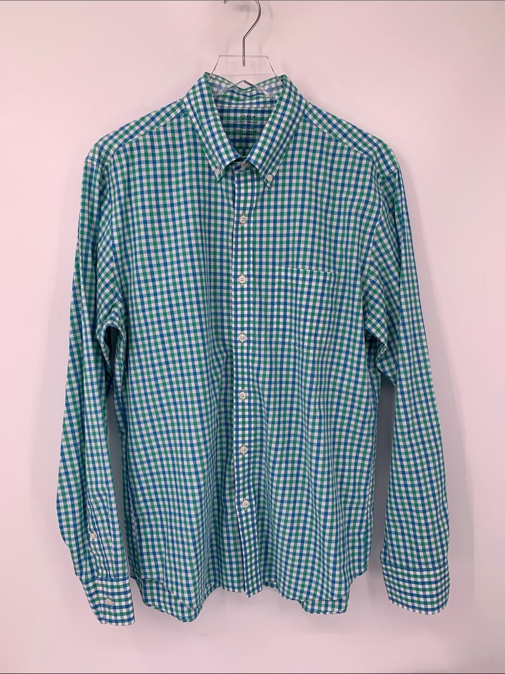 J Crew buttondown shirt cotton blue green check plaid slim fit lightweight men L